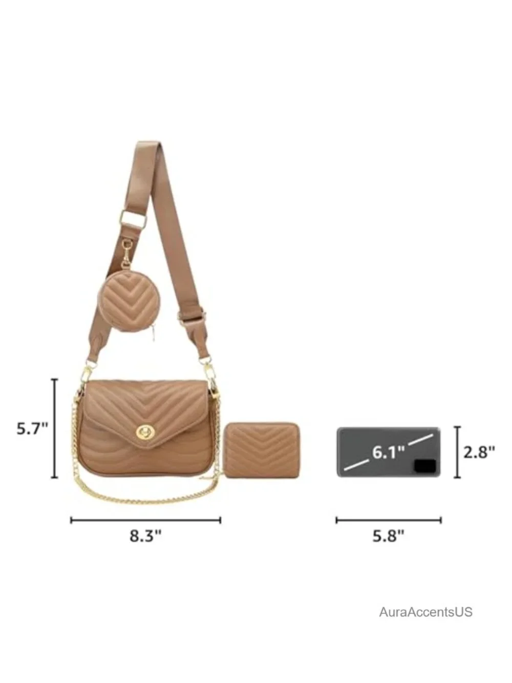 Quilted Faux Leather Crossbody Bag with Chain Strap, 3 Piece Set